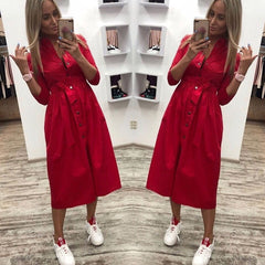Women Vintage Front Button Sashes Party Dress Three Quarter Sleeve Turn Down Collar Solid Dress 2020 Autumn New Fashion Dress