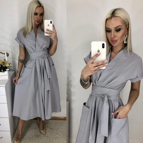 Women Vintage Front Button Sashes Party Dress Three Quarter Sleeve Turn Down Collar Solid Dress 2020 Autumn New Fashion Dress