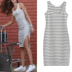 Women Casual Dress Summer Fashion Sexy Dress Slim Side Slit Stripe Vest Bottoming Dress Femme Tank Dresses