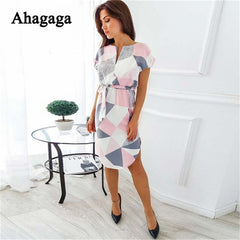 Ahagaga 2019 Spring Dress Women Fashion Print Elegant Cute Sashes O-neck Sexy Slim Sheath Dress Women Dresses Vestidos Robes