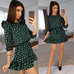 Sweet Cute Ruffle Trim Dot Print Dress Women Fashion Sashes 3/4 Sleeves Round Neck Casual Summer Dress Girls A Line Mini Dresses