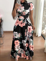 Plus Size Spring Autumn Womne's Dress Bohomia Flower Print Maixi Dresses Fashion Belt Tunic Boho Eveing Party Midi Dress Vestido