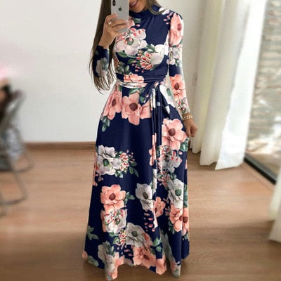 Plus Size Spring Autumn Womne's Dress Bohomia Flower Print Maixi Dresses Fashion Belt Tunic Boho Eveing Party Midi Dress Vestido