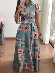 Plus Size Spring Autumn Womne's Dress Bohomia Flower Print Maixi Dresses Fashion Belt Tunic Boho Eveing Party Midi Dress Vestido