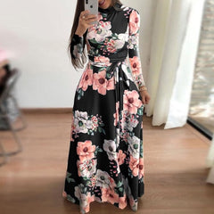 Plus Size Spring Autumn Womne's Dress Bohomia Flower Print Maixi Dresses Fashion Belt Tunic Boho Eveing Party Midi Dress Vestido