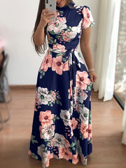 Plus Size Spring Autumn Womne's Dress Bohomia Flower Print Maixi Dresses Fashion Belt Tunic Boho Eveing Party Midi Dress Vestido